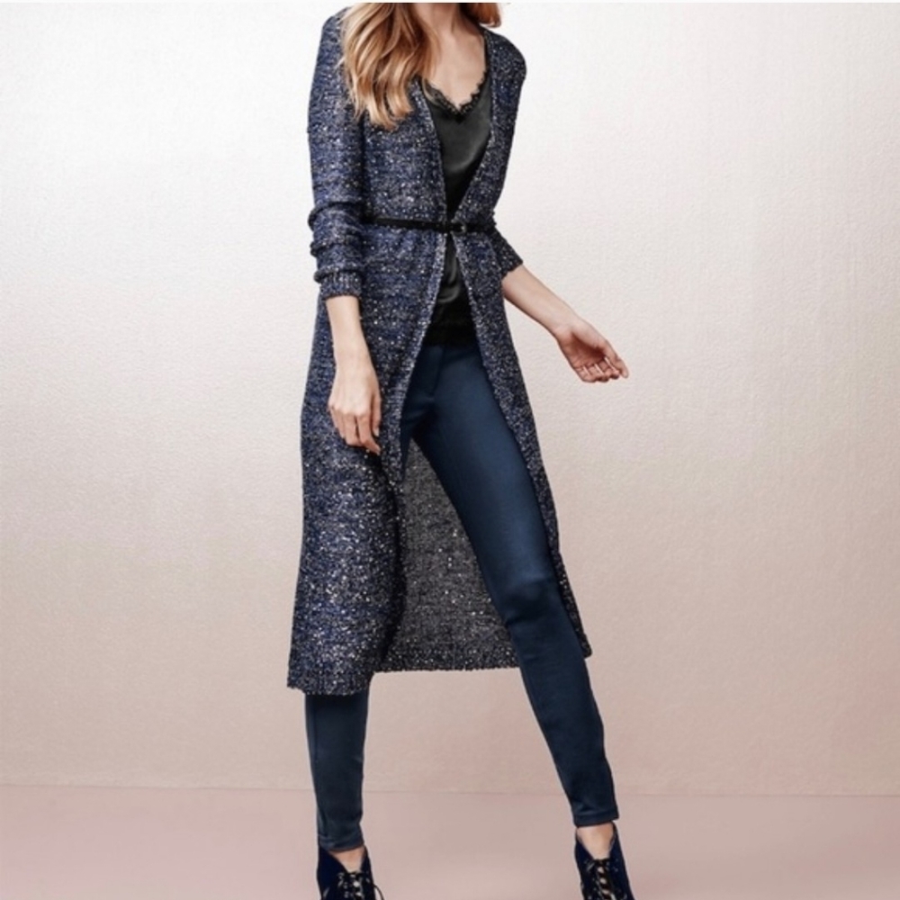 White House Black Market WHBM Navy Sequin Duster Sweater Cardigan Size L